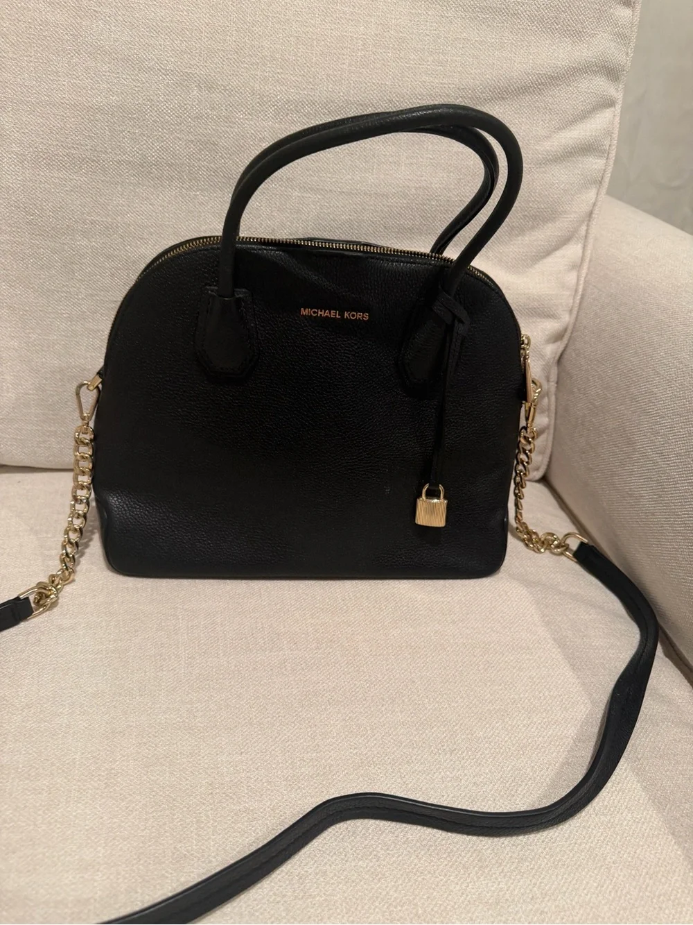Michael Kors Black Leather Dome Satchel with Gold Hardware